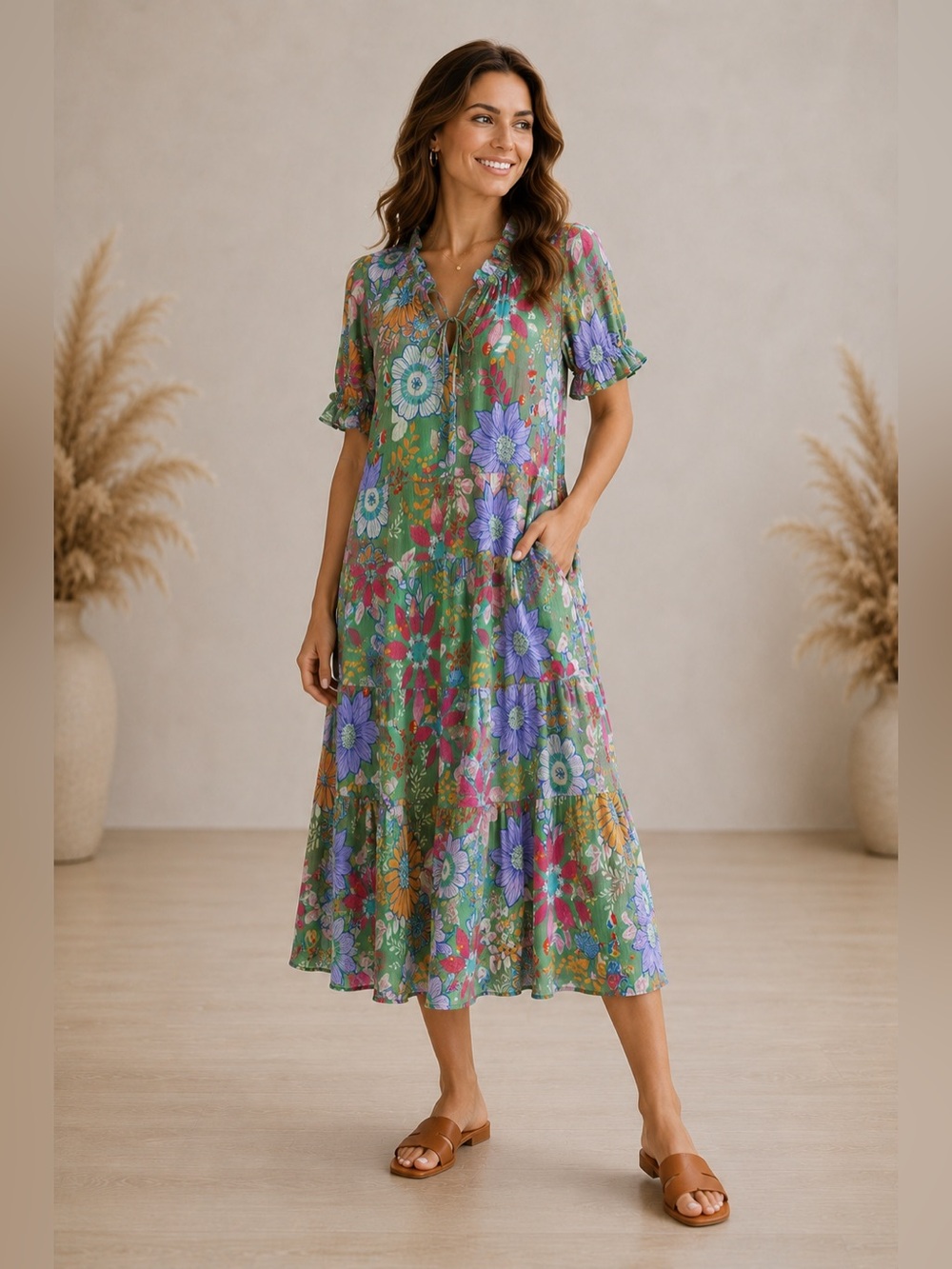 Easel Floral Midi Dress Large Green Boho Crinkle Cottagecore Resort